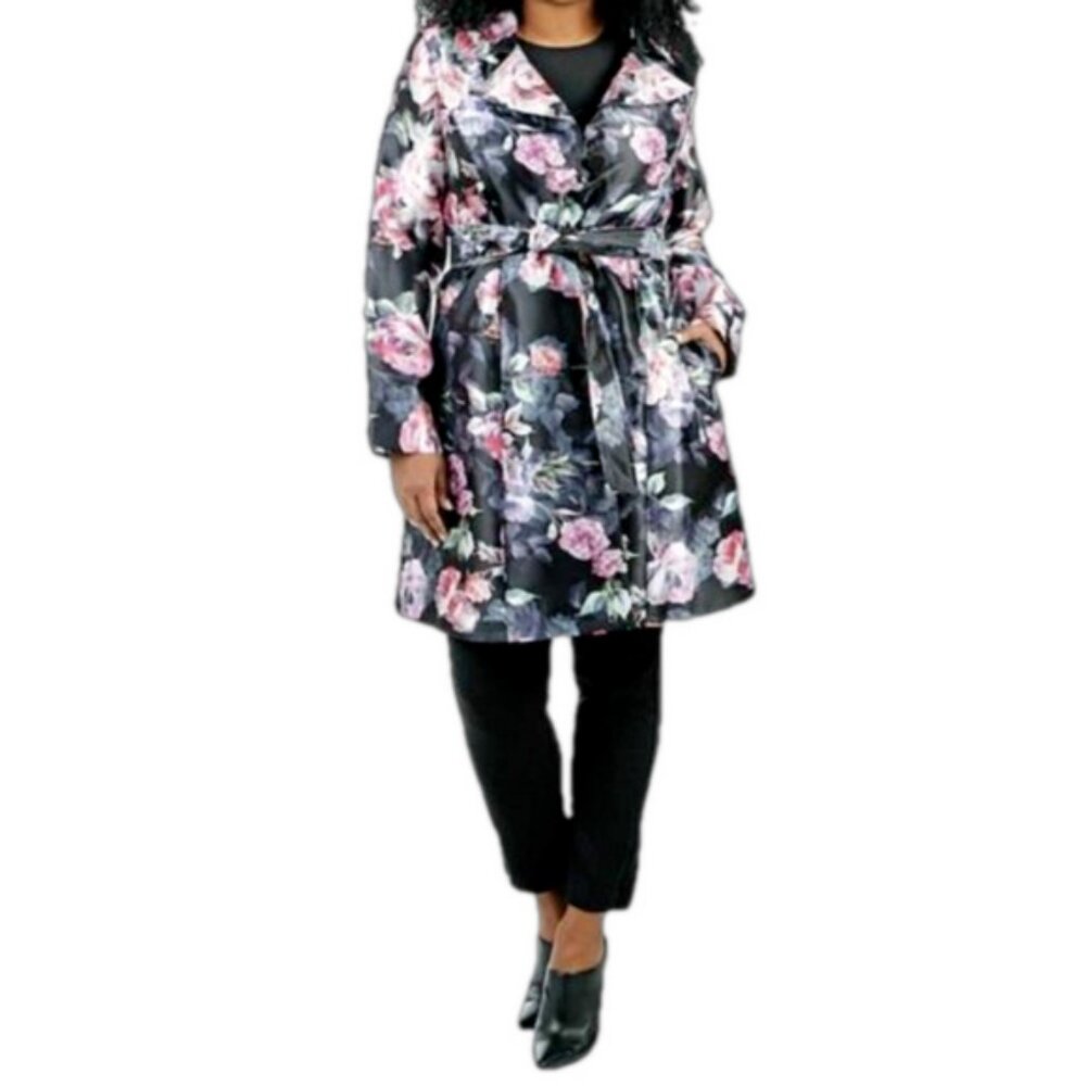 New Guillaume Black Floral Print Belted Trench Coat Jacket Size XL bin 4D